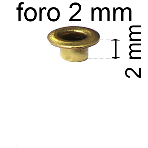legatoria Occhiello unificato ottone, altezza 2mm (OU) per fori diametro 2mm. Testa diametro 3,5mm, spessore materiale: 0,25mm.