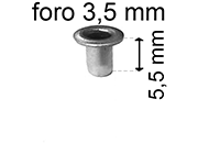 legatoria Occhiello unificato OttoneNICHELATO. altezza 5.5mm OU NICHELATO per fori diametro 3,5mm. Testa diametro 5,5mm, spessore materiale: 0,3mm.