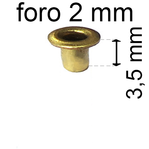 legatoria Occhiello unificato ottone, altezza 3,5mm (OU) per fori diametro 2mm. Testa diametro 3,5mm, spessore materiale: 0,25mm.