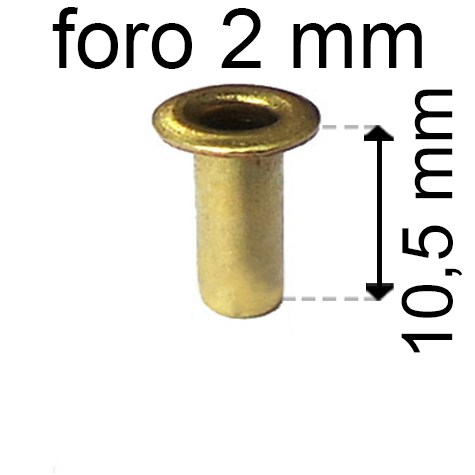 legatoria Occhiello unificato ottone, altezza 10,5mm (OU) per fori diametro 2mm. Testa diametro 3,5mm, spessore materiale: 0,25mm.