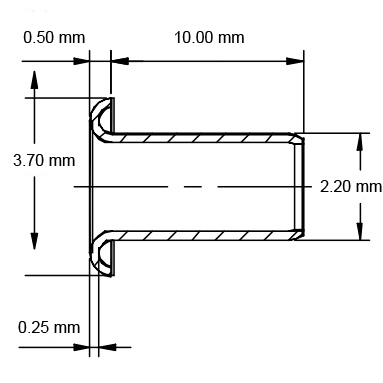 legatoria Occhiello unificato ottone, altezza 10mm (OU) per fori diametro 2,2mm. Testa diametro 3,7mm, spessore materiale: 0,25mm.