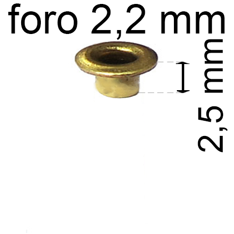 legatoria Occhiello unificato ottone, altezza 2,5mm (OU) per fori diametro 2,2mm. Testa diametro 3,7mm, spessore materiale: 0,25mm.