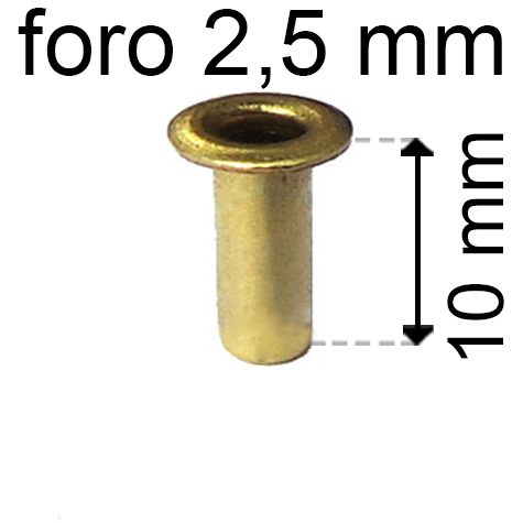 legatoria Occhiello unificato ottone, altezza 10mm (OU) per fori diametro 2,5mm. Testa diametro 4mm, spessore materiale: 0,3mm.