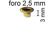 legatoria Occhiello unificato ottone, altezza 3mm (OU) per fori diametro 2,5mm. Testa diametro 4mm, spessore materiale: 0,3mm.