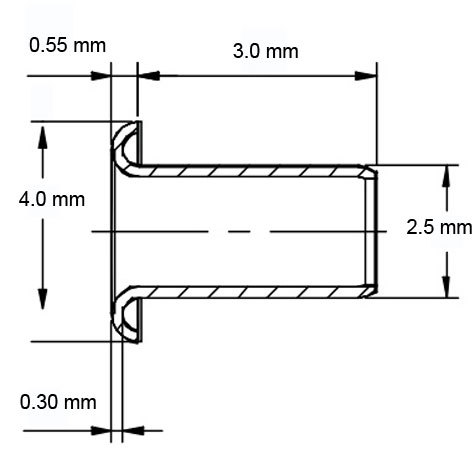 legatoria Occhiello unificato ottone, altezza 3mm (OU) per fori diametro 2,5mm. Testa diametro 4mm, spessore materiale: 0,3mm.