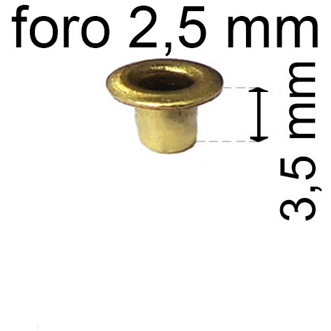 legatoria Occhiello unificato ottone, altezza 3,5mm (OU) per fori diametro 2,5mm. Testa diametro 4mm, spessore materiale: 0,3mm.