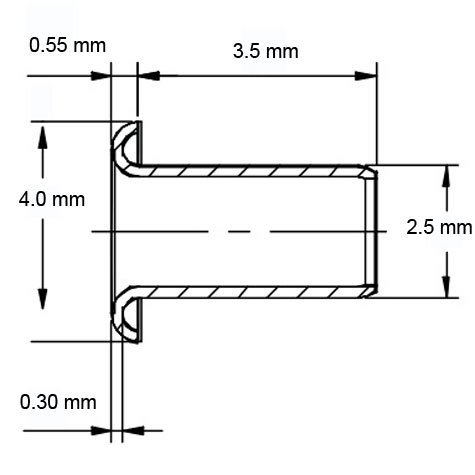 legatoria Occhiello unificato ottone, altezza 3,5mm (OU) per fori diametro 2,5mm. Testa diametro 4mm, spessore materiale: 0,3mm.