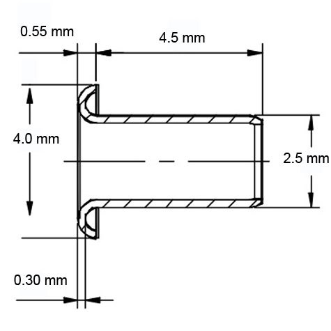 legatoria Occhiello unificato ottone, altezza 4,5mm (OU) per fori diametro 2,5mm. Testa diametro 4mm, spessore materiale: 0,3mm.