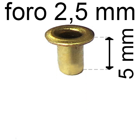 legatoria Occhiello unificato ottone, altezza 5mm (OU) per fori diametro 2,5mm. Testa diametro 4mm, spessore materiale: 0,3mm.