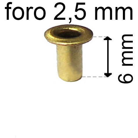 legatoria Occhiello unificato ottone, altezza 6mm (OU) per fori diametro 2,5mm. Testa diametro 4mm, spessore materiale: 0,3mm.