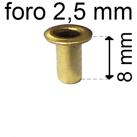 legatoria Occhiello unificato ottone, altezza 8mm (OU) per fori diametro 2,5mm. Testa diametro 4mm, spessore materiale: 0,3mm.