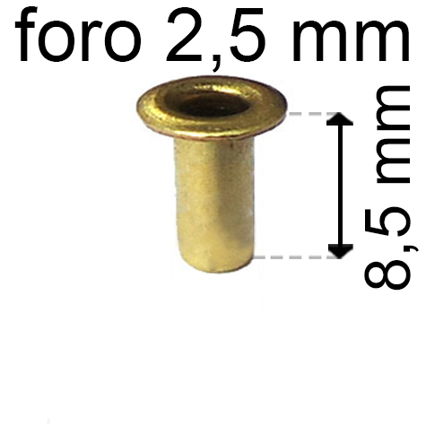 legatoria Occhiello unificato ottone, altezza 8,5mm (OU) per fori diametro 2,5mm. Testa diametro 4mm, spessore materiale: 0,3mm.