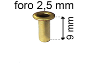 legatoria Occhiello unificato ottone, altezza 9mm (OU) per fori diametro 2,5mm. Testa diametro 4mm, spessore materiale: 0,3mm eug63