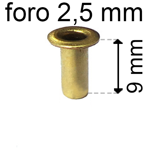 legatoria Occhiello unificato ottone, altezza 9mm (OU) per fori diametro 2,5mm. Testa diametro 4mm, spessore materiale: 0,3mm.