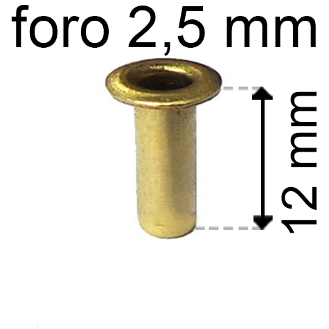 legatoria Occhiello unificato ottone, altezza 12mm (OU) per fori diametro 2,5mm. Testa diametro 4mm, spessore materiale: 0,3mm.