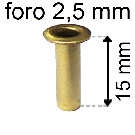 legatoria Occhiello unificato ottone, altezza 15mm (OU) per fori diametro 2,5mm. Testa diametro 4mm, spessore materiale: 0,3mm.