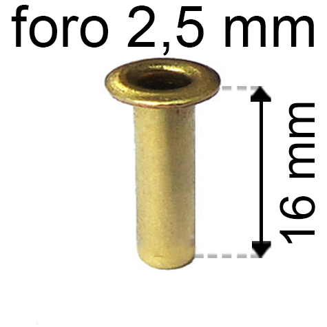 legatoria Occhiello unificato ottone, altezza 16mm (OU) per fori diametro 2,5mm. Testa diametro 4mm, spessore materiale: 0,3mm.