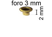 legatoria Occhiello unificato ottone, altezza 2mm (OU) per fori diametro 3mm. Testa diametro 5mm, spessore materiale: 0,3mm eug70