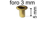 legatoria Occhiello unificato ottone, altezza 5mm (OU) per fori diametro 3mm. Testa diametro 5mm, spessore materiale: 0,3mm.