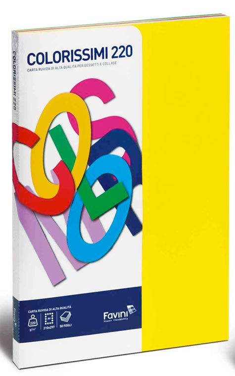 carta Colorissimi TR Monoruvido 220, MIX 5 COLORI formato A4 (21X29,7cm), 220gr, 50 fogli.