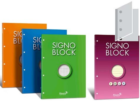 carta BLOCCO SIGNO BLOCK FOUR 80 righe 8mm, 4 fori, copertina a libro, formato A4 (21x29,7cm), 80gr, 100 fogli.