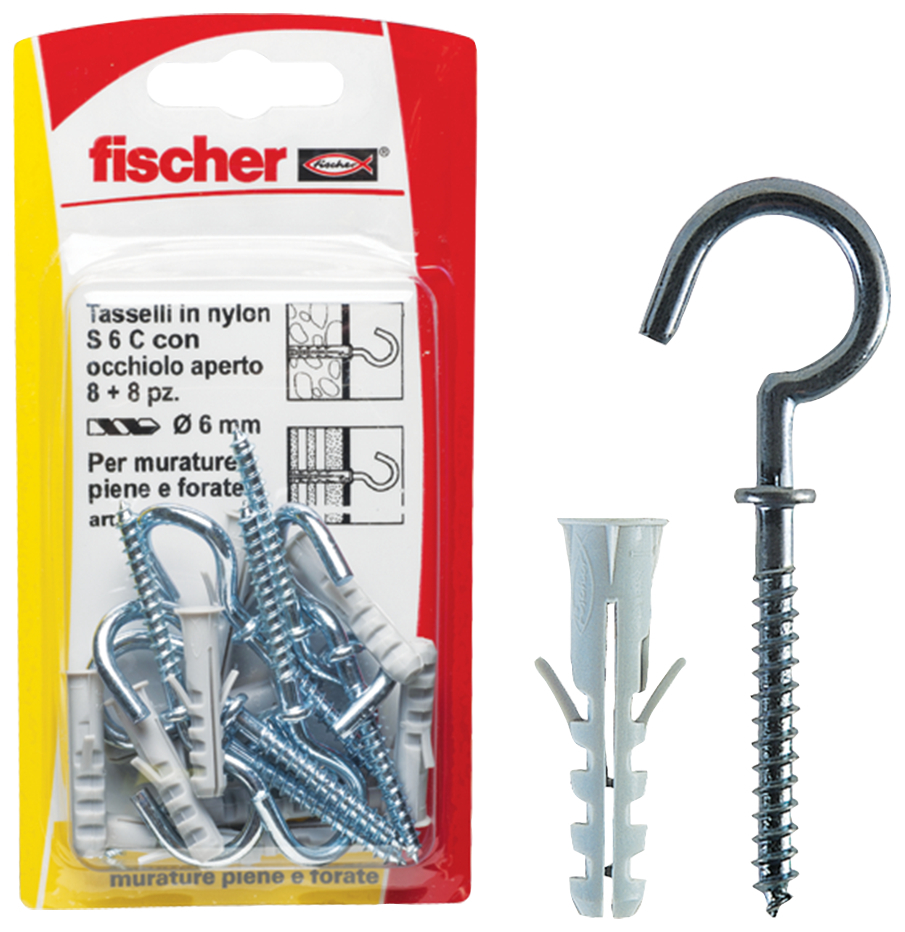fischer Tasselli S 6 C-3 K con gancio (8 Pz.) Fissaggio in nylon con accessori S C K in blister (in foto con occhiolo aperto) fie1666