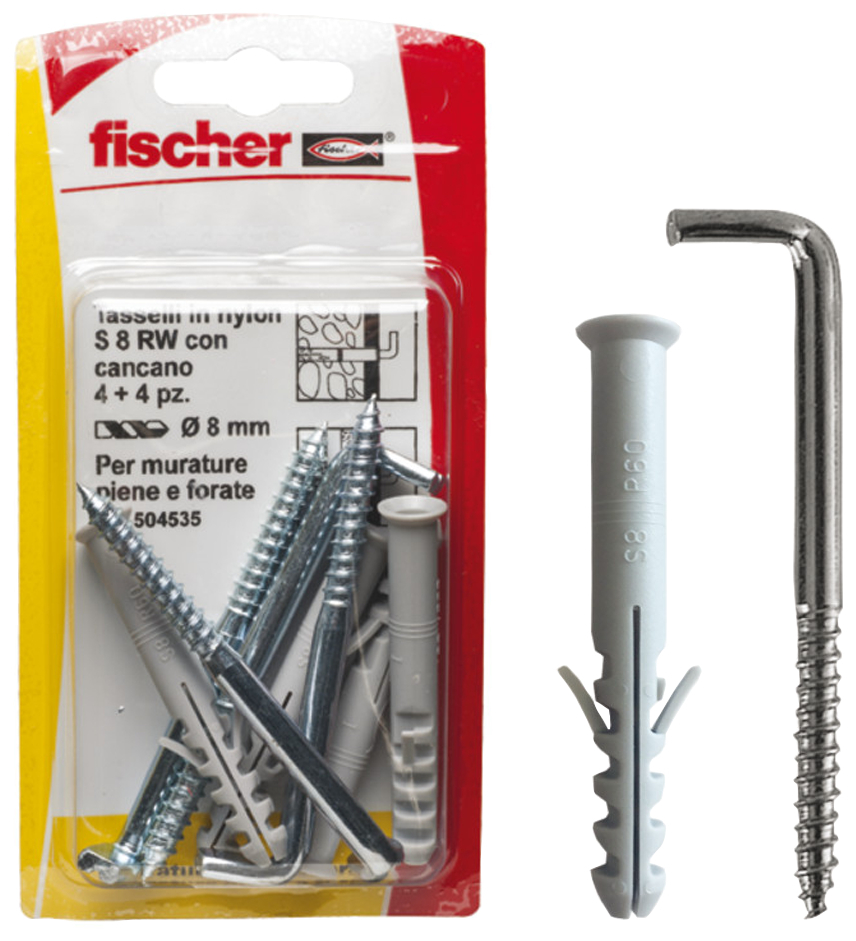fischer Tasselli prolungati S 8 R W K con cancano (4 Pz.) Fissaggio in nylon con cancano S R W K in blister.