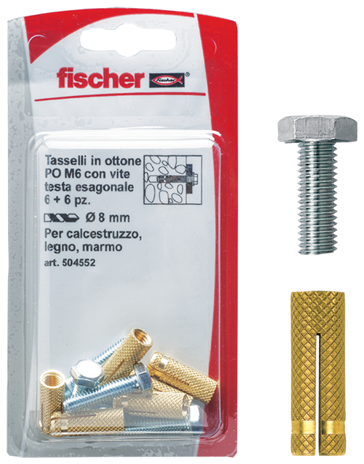 fischer Tasselli ottone PO M6 TE K con vite (6 Pz.) Fissaggio in ottone con vite testa esagonale PO S K in blister fie1712