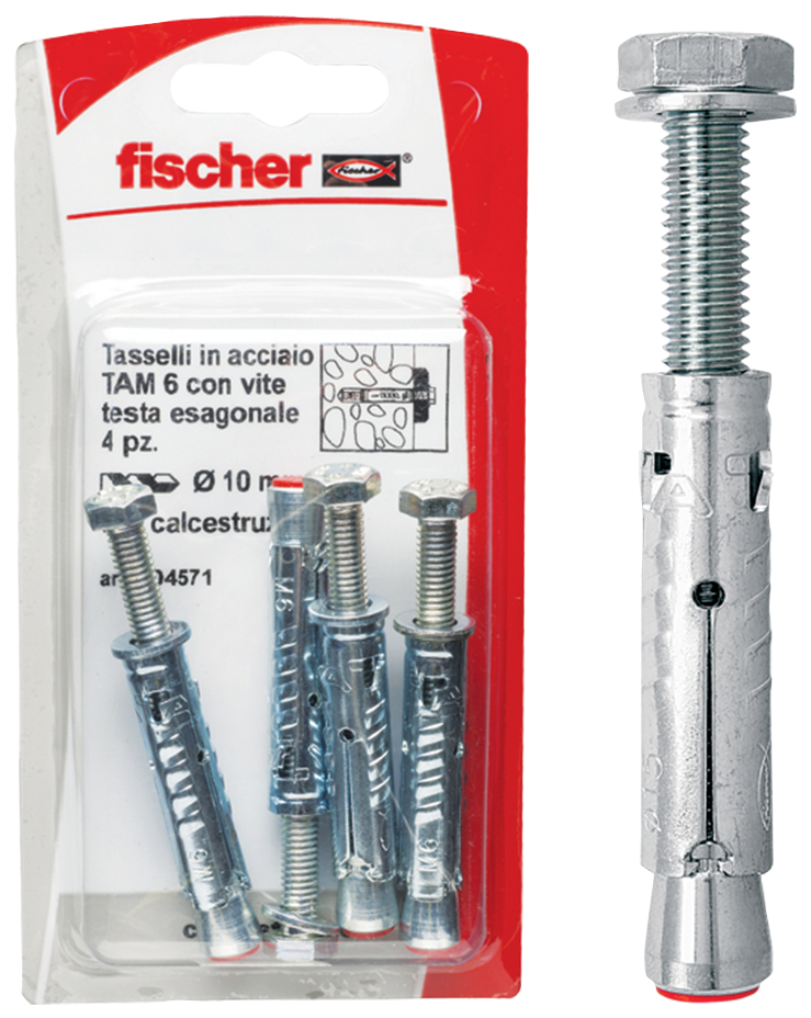 fischer Tasselli acciaio TA M 6 S-10 K con vite testa esagonale (4 Pz.) Ancorante con corpo espandente con vite testa esagonale TA M S K in blister fie1717