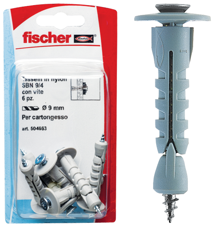 fischer Tasselli per cartongesso SBN 9/8 K con gancio corto (6 Pz.) fie1767.