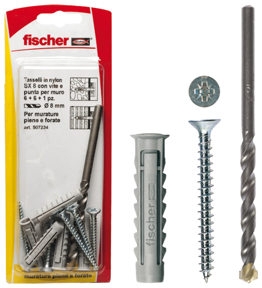 fischer Tasselli e punta muro W 100 Tasselli SX 5 K con vite (1 Pz.) Fissaggio in nylon con vite e punta per muratura W 100 SX K in blister.