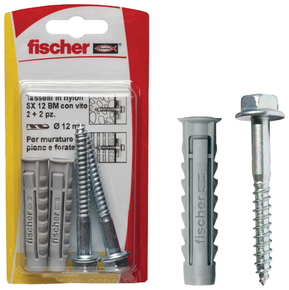 fischer Tasselli SX 12 BM K con vite testa esagonale (2 Pz.) Fissaggio in nylon con vite legno testa flangiata esagonale SX BM K in blister.