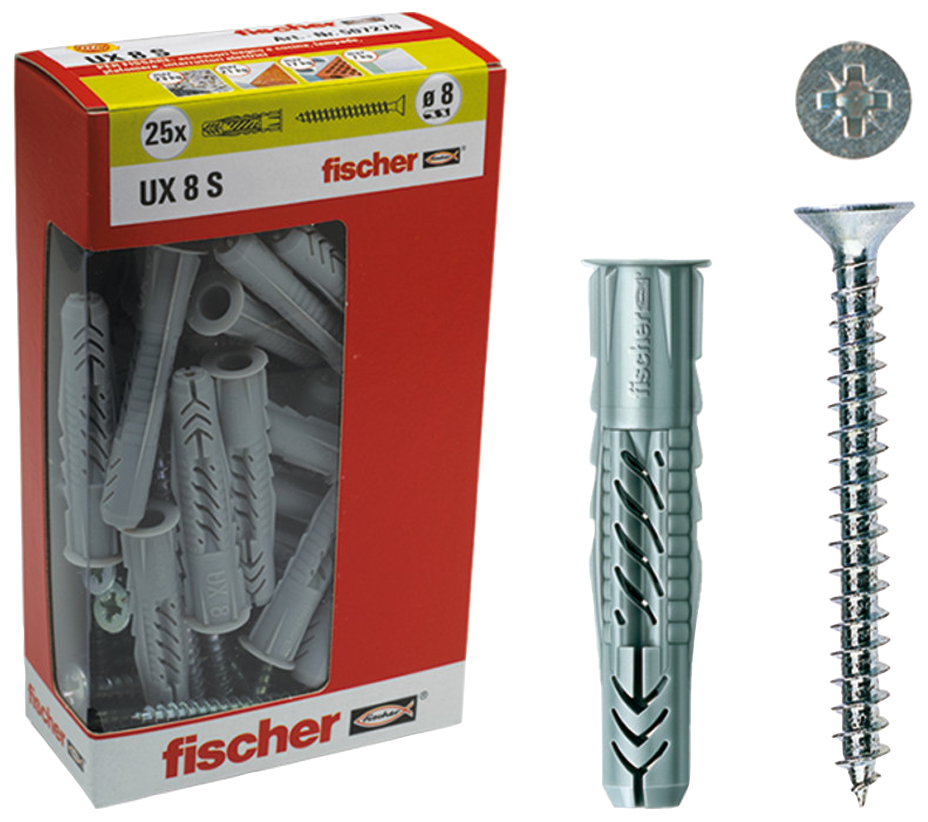 fischer Tasselli UX 8X50 S Y con vite (25 Pz.) Fissaggio universale con vite UX S Y in scatola di cartone con finestra.