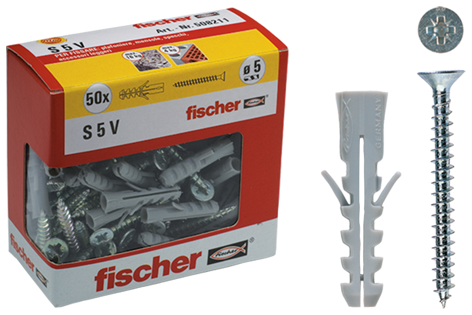 fischer Tasselli S 5 V Y con vite (50 Pz.) Fissaggio in nylon con vite S-V Y in scatola di cartone con finestra.