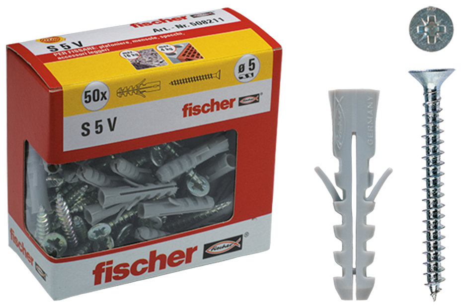 fischer Tasselli S 8 V Y con vite (25 Pz.) Fissaggio in nylon con vite S-V Y in scatola di cartone con finestra fie1963