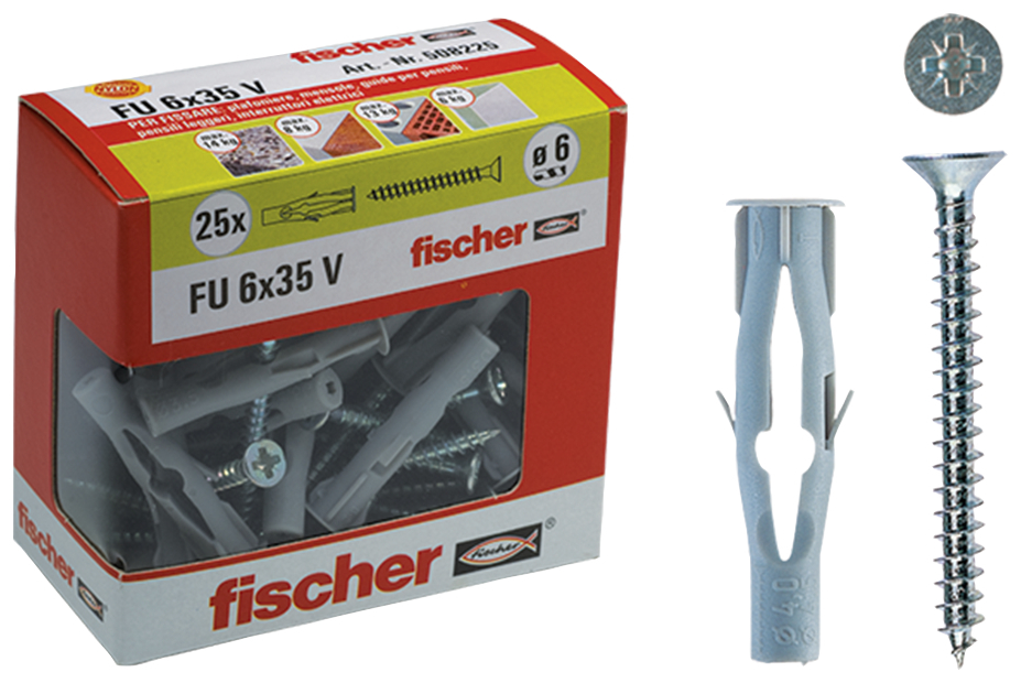 fischer Tasselli FU 6x35 V Y con vite (25 Pz.) Fissaggio universale con vite in scatola di cartone con finestra FU V Y.