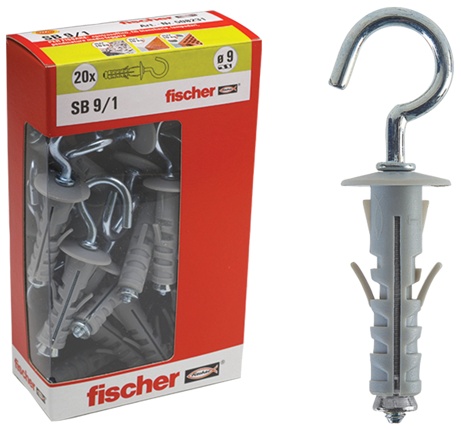 fischer Tasselli a espansione SB 9-2 Y con gancio medio (20 Pz.) Fissaggio a espansione con accessorio SB 9/..Y in scatola di cartone con finestra (in foto SB 9/1 Y con gancio tondo) fie1968