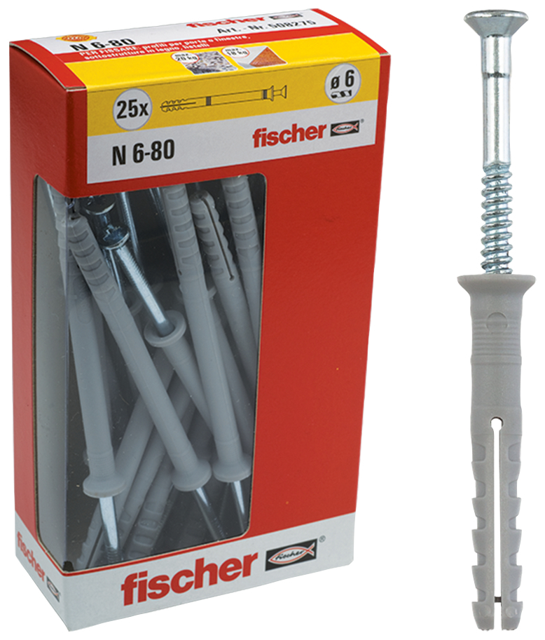 fischer Tasselli a percussione N 8x80 Y (20 Pz.) Fissaggio a percussione con chiodo premontato N Y in scatola di cartone con finestra.