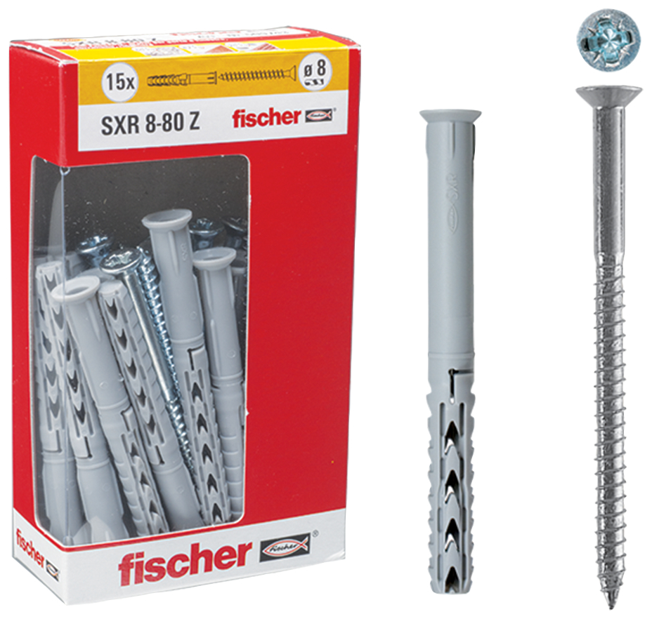 fischer Tasselli prolungati SXR 8X80 Z Y (15 Pz.) Fissaggio prolungato con vite da legno, non premontato SXR Y in scatola di cartone con finestra fie2064