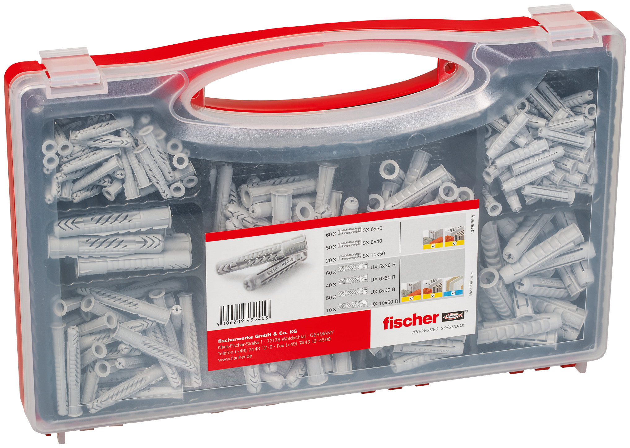 fischer Valigetta REDBOX SX-UX 290 tasselli (290 Pz.) Tasselli assortiti in una pratica valigetta rossa con un ottimo rapporto prezzo / prestazioni.