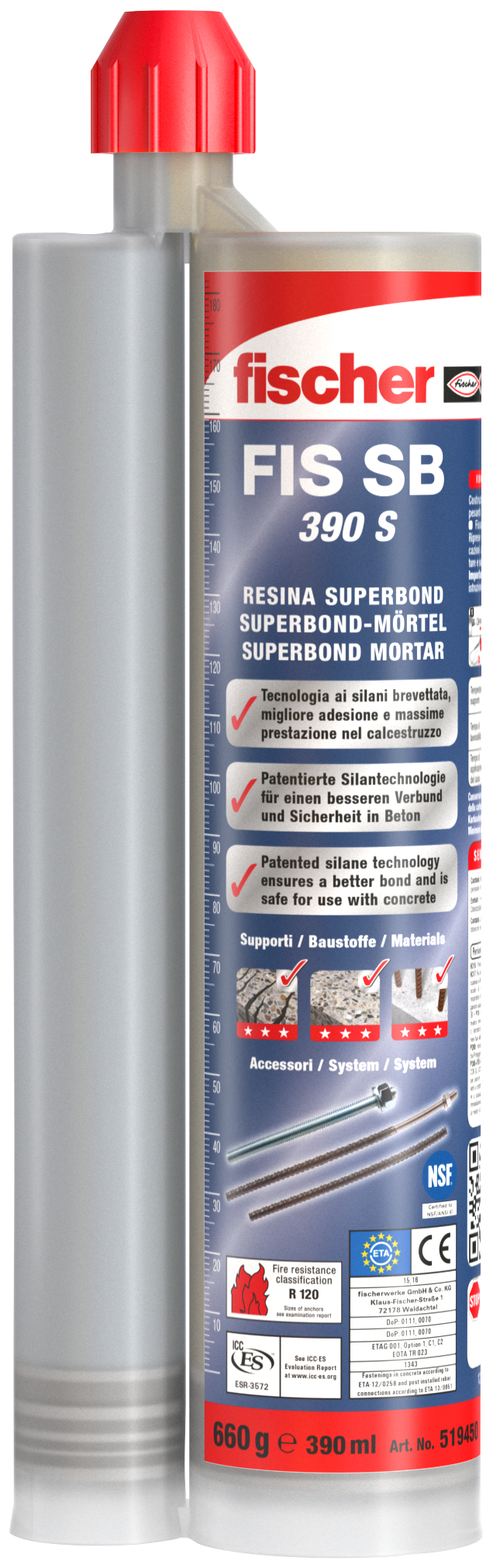 fischer FIS SB 390 S Resina ancorante chimico (1 Pz.) La resina con tecnologia ai silani per fissaggi in calcestruzzo in ambito sismico categoria C1 e C2 e per riprese di getto, in cartuccia da 390 ml.