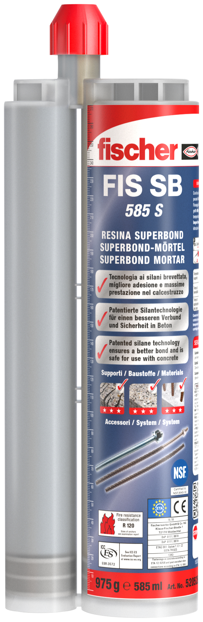 fischer FIS SB 585 S Resina ancorante chimico (1 Pz.) La resina con tecnologia ai silani per fissaggi in calcestruzzo in ambito sismico categoria C1 e C2 e per riprese di getto, in cartuccia da 585 ml.