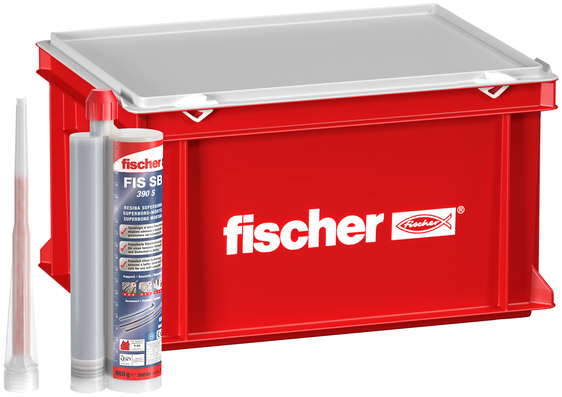 fischer FSB BOX 20 cartucce ancorante chimico FIS SB 390 S (61 Pz.) La resina con tecnologia ai silani per fissaggi in calcestruzzo in ambito sismico categoria C1 e C2 e per riprese di getto, nel pratico box fie2307