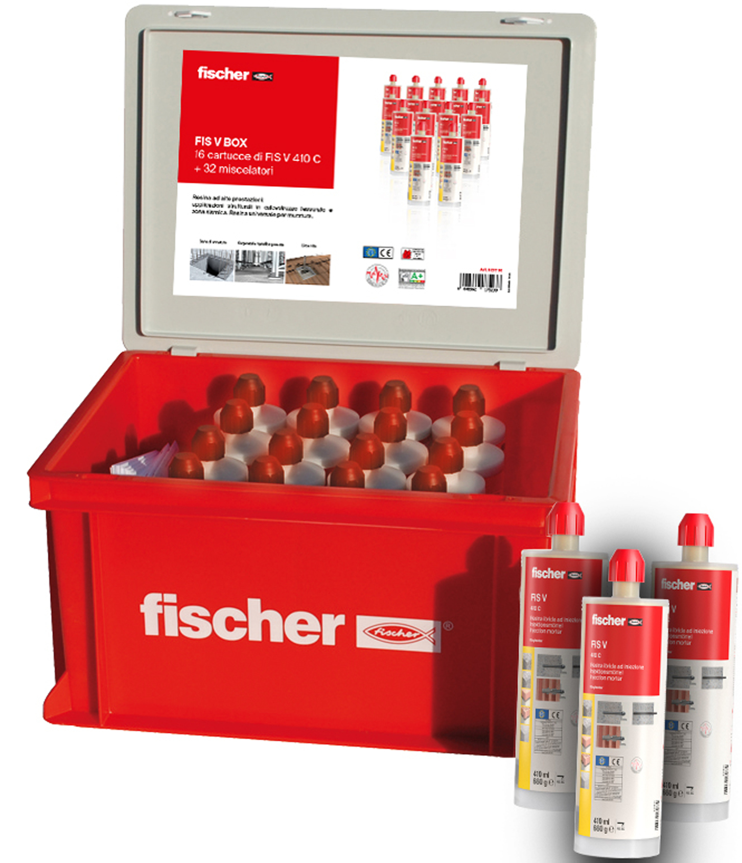 fischer Ancorante chimico FIS V 410 C BOX 16 cartucce (49 Pz.) Resina a iniezione in vinilestere ibrido certificata per ancoraggi in calcestruzzo fessurato, riprese di getto e applicazioni sismiche (categoria di prestazione sismica C1 e C2).