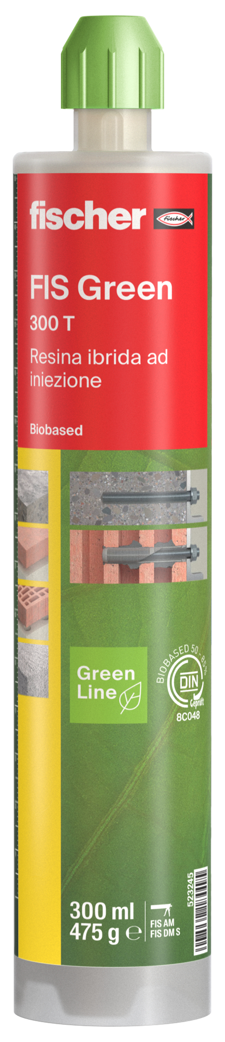 fischer Resina biobased FIS GREEN 300 T (IT) ancorante chimico (1 Pz.) Resina a base di biomateriali a iniezione certificata per bioedilizia su calcestruzzo non fessurato e muratura.