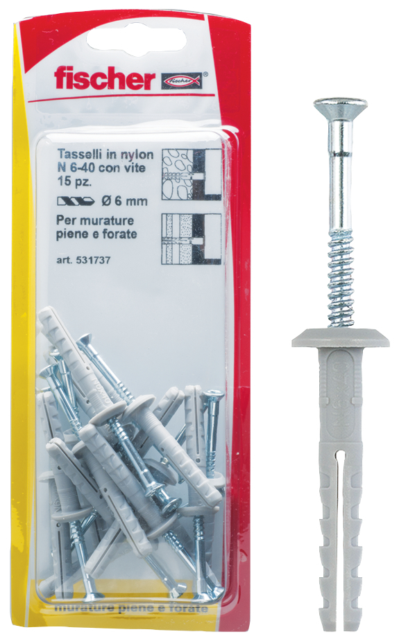fischer Tasselli a percussione N 6X40 P K (15 Pz.) Fissaggi in nylon con bordo largo e vite a chiodo premontata N 6 x 40 P K in blister.