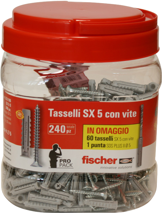 fischer Tasselli SX 5 S (barattolo Propack 240PZ+SDS) (1 Pz.) Tassello in nylon con vite truciolare T.S.P. impronta pozidrive. Barattolo riutilizzabile da 240 pezzi. fie2725