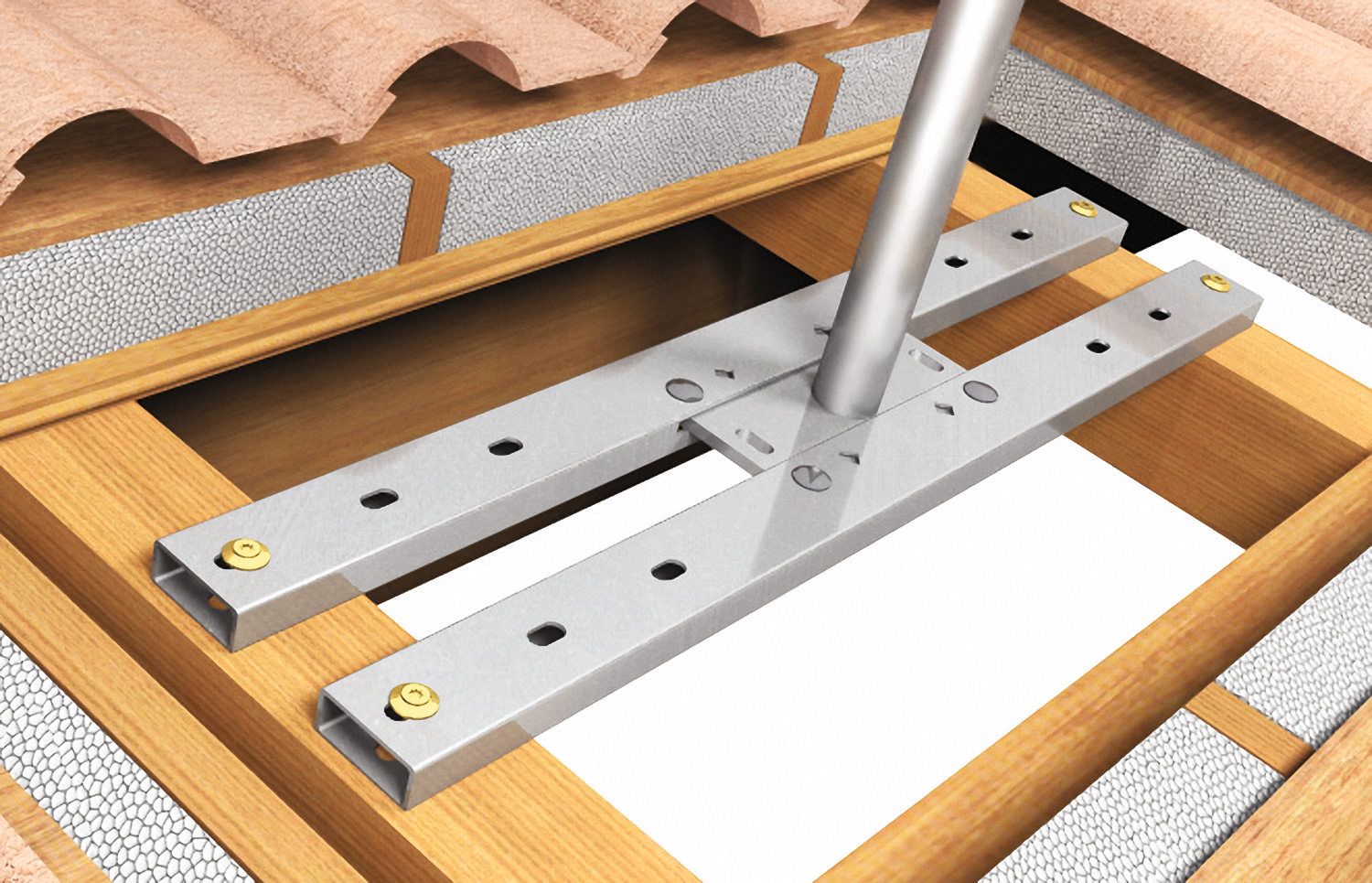 fischer Kit profili per ancoraggio su travetti - Sistemi anticaduta DPI (1 Pz.) Il sistema di appoggio per l'installazione di pali in zone della copertura prive di strutture portanti.