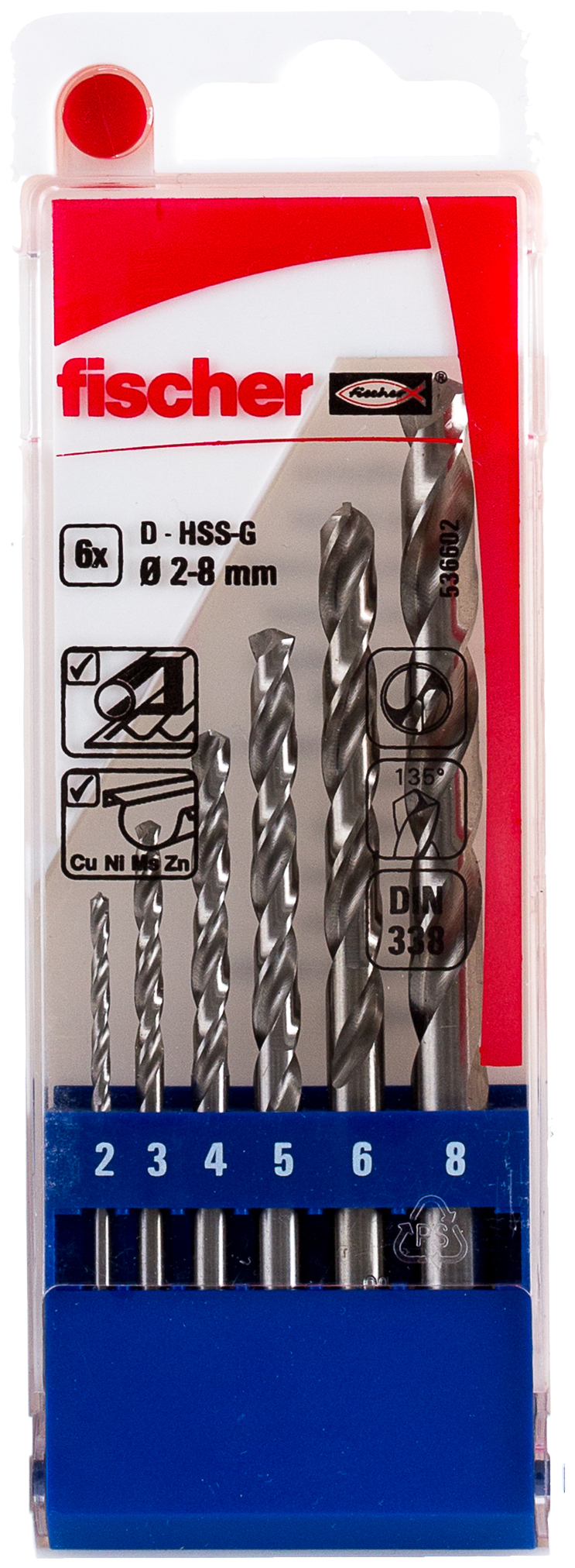 fischer Set 6 punte trapano metallo HSS-G 2-8mm (D-HSS) (6 Pz.) Set di punte professionaliper metallo in acciaio HSS-G.