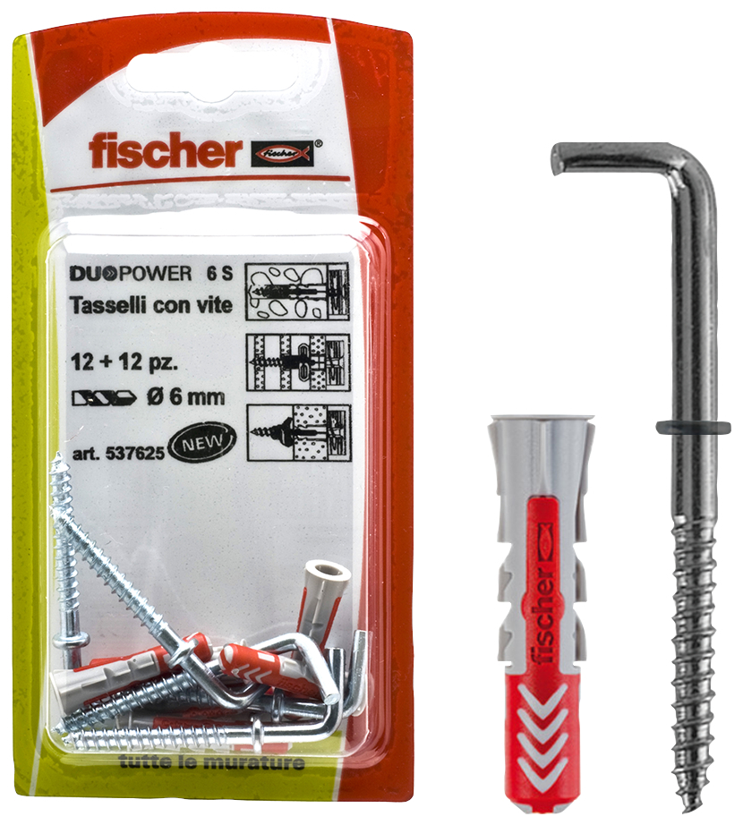 fischer Tasselli DUOPOWER 6 C-2 K in blister con gancio medio (6 Pz.) Fissaggio con accessorio DuoPower 6 C/.. K in blister (in foto con occhiolo aperto) fie2973